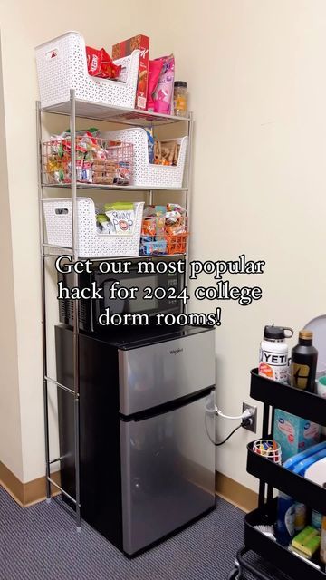 AnnMarie Christiano & Anne Zirkle | Simply2Moms on Instagram: "Over 6 million views and counting!🎉  Who knew our little hack would be so popular! Buy this cheap shelf and use as a snack station in a dorm room instead of over a toilet in the bathroom. So simple!🙌🏻  ‼️Tip - if your fridge is tall like this one just leave the bottom shelf off and it’s still just as sturdy.   Want the shopping link? Comment SNACK and I’ll send it to you! AnnMarie #simply2moms  #collegedorm #dormroom #collegefreshman #snacktime #collegeprep #collegemoveinday" Shelf Over Fridge, Dorm Fridge Organization, Storage Above Fridge, On Top Of Fridge, Snack Shelf, Top Of Fridge, Over The Fridge, Above Fridge, Cheap Shelves