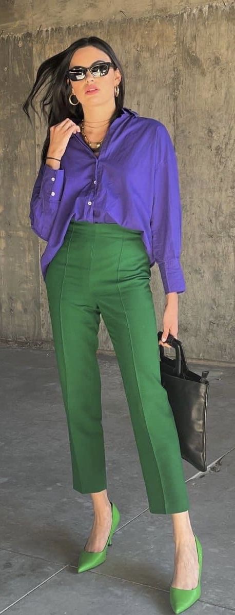 Colour Office Outfit, Solid Color Work Outfits, Color Blocking Office Outfits, Purple Pants Work Outfit, Smart Casual Colorful Outfit, Colourful Business Outfit, Bright Office Outfits, Colourful Work Outfits Women, Colourful Office Outfits