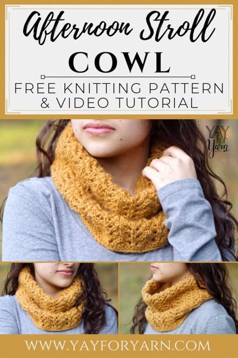 Afternoon Stroll Cowl - FREE Knitting Pattern | Yay For Yarn Knit Cowl Pattern Free, Free Knitting Patterns For Women, Knitted Cowl, Beginner Knitting Patterns, Cowl Knitting Pattern, Free Scarf, Cowl Pattern, Scarf Knitting Patterns, Cowl Scarf