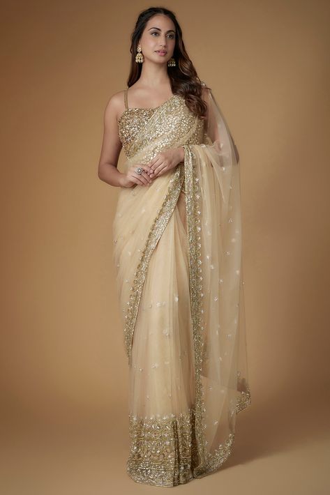 Champagne Gold Tulle Crystal Hand Embellished Draped Saree Set Design by FATIZ at Pernia's Pop Up Shop 2023 Gold Tulle, Draped Saree, Drape Saree, Indian Fashion Designers, Pernia Pop Up Shop, Champagne Color, Champagne Gold, Pop Up Shop, Set Design