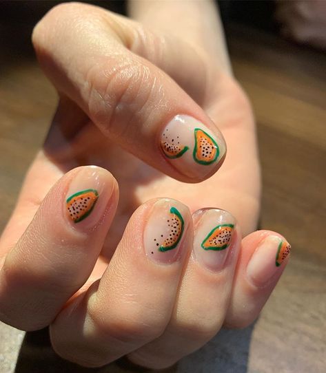 🍉🍍Papaya for @ambedofloral ⚫️ Inspo | @betina_goldstein . . . . . #summernails #negativespacenails #papaya #funnailart #naturalnails… Papaya Nails, Betina Goldstein, Racing Nails, Papaya Color, Negative Space Nails, Smile And Wave, Color Nails, Food Themes, Summer Fruit