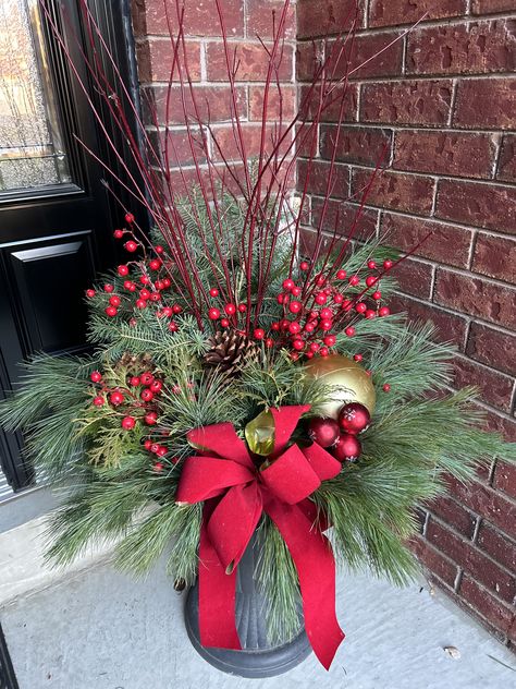 Holiday Urn, Christmas Urns, Porch Pots, Outdoor Christmas Planters, 2025 Christmas, Red Hydrangea, Christmas Planters, Floral Picks, Porch Christmas Decor