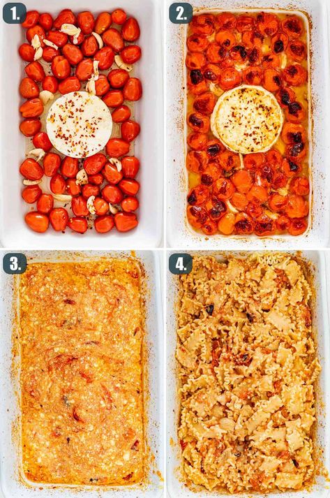 This simple Baked Feta Pasta recipe features a block of feta cheese with cherry tomatoes, roasted to perfection and tossed with pasta. #tiktokpasta #bakedfetapasta #recipe Cheese Block Pasta, Tik Tok Pasta, Tomato Pasta Bake, Pasta Pan, Grilled Chicken Pasta, Tomatoes Roasted, Quick Vegetarian Dinner, Tonights Dinner, Roasted Tomato Pasta