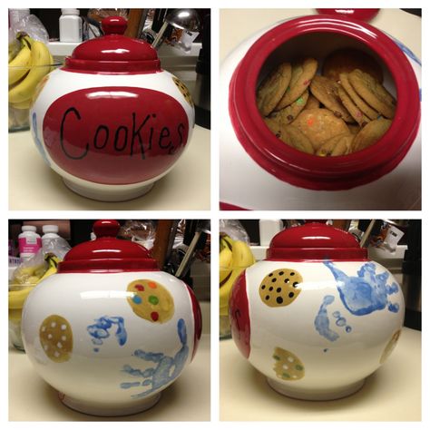 Family made cookie jar! Sons handprints. " who took the cookie from the cookie jar". Handprint Gift Ideas, Christmas Preschool, Pto Ideas, Handprint Gifts, Craft Painting, Foot Print, Preschool Christmas, Print Artwork, Jar Crafts