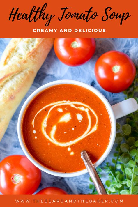 Creamy (healthy) tomato soup is delicious and a staple during the fall. This healthier version is made with Kefir and is oh so perfect for the whole family. Tomato Soup With Greek Yogurt, Greek Yogurt Tomato Soup, Healthy Tomato Soup, Veggie Dinner Recipes, Soup Swap, Tomato Soup Easy, Tomato Soup Homemade, Soup Easy, Creamy Tomato Soup