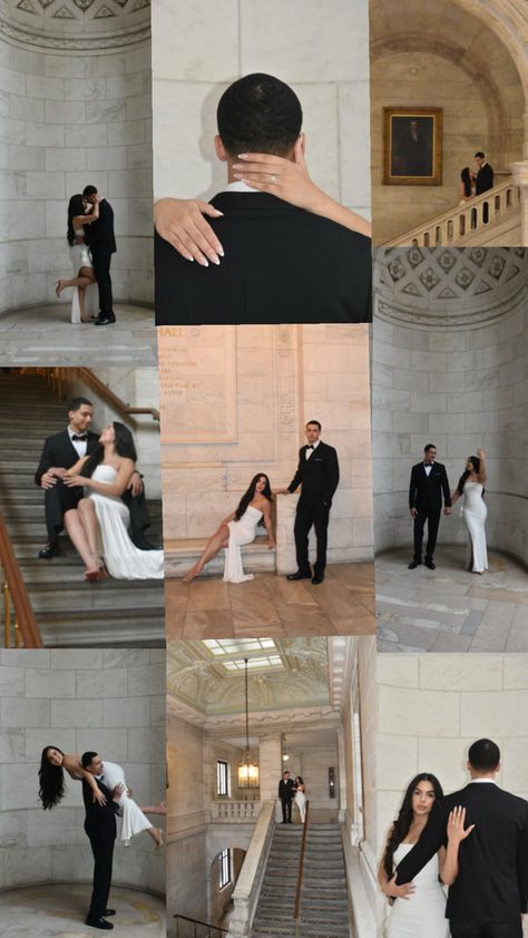 Collage of couple engagement pictures photo ideas for a luxuries engagement announcement Couple’s Anniversary Photoshoot, Engagement Party Couple Photos, Couple Poses Fancy, Engagement Photoshoot Elegant, Engagement Photos Vision Board, Great Gatsby Engagement Photoshoot, New York Public Library Engagement Shoot, Fancy Hotel Engagement Photos, Mafia Engagement Photos