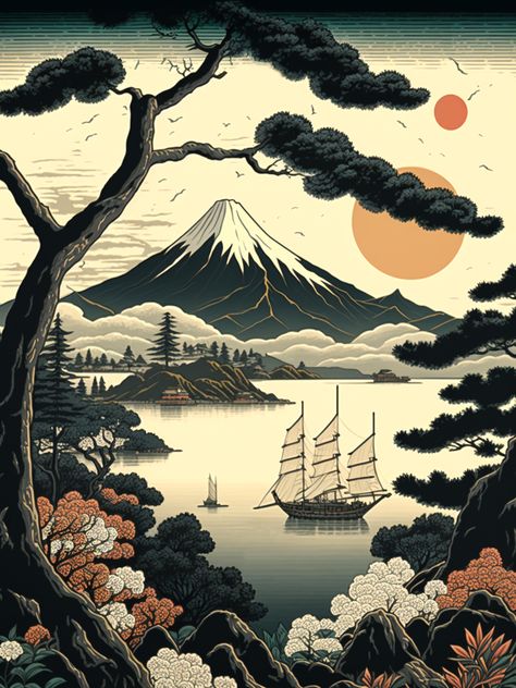 Japanese Art Prints Landscape, Japanese Water Drawing, Japanese Water Painting, Acrylic Japanese Painting, Japanese Painting Wallpaper, Japanese Background Landscape, Japanese Art Prints Traditional, Japan Landscape Drawing, Japanese Landscape Drawing