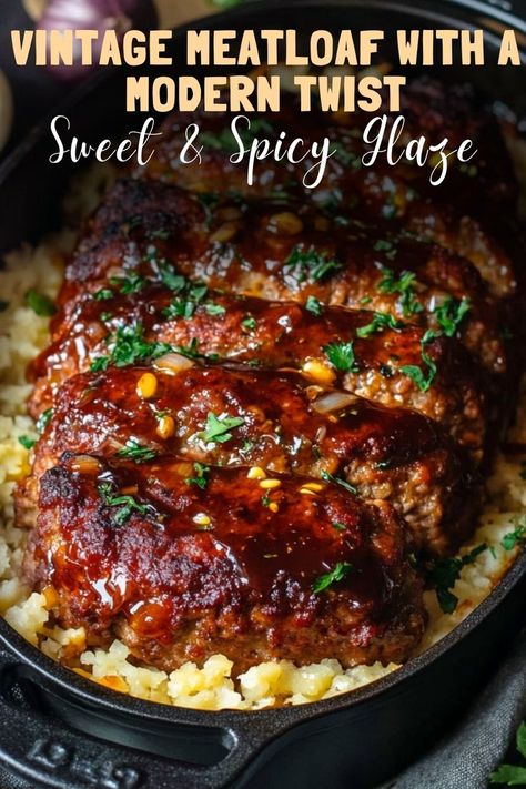 Try vintage meatloaf with a modern twist, topped with a sweet & spicy glaze for a flavorful update on a classic. #MeatloafRecipe #ModernTwist Bourbon Glazed Meatloaf, Meatball Loaf Recipes, Spicy Meatloaf Recipes Best, Copycat Meatloaf Recipes, Delicious Meatloaf Recipes, Best Southern Meatloaf Recipes, Cajun Meatloaf Recipes, Asian Meatloaf Recipes, Dutch Oven Meatloaf Recipes