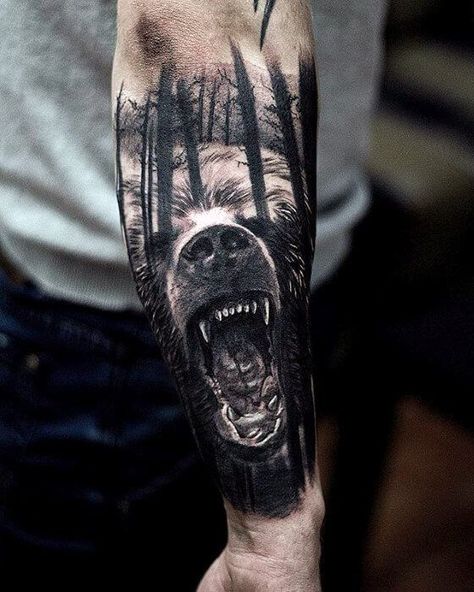 Top 100 Best Forearm Tattoos for Men - Unique Designs & Cool ideas | Improb Tato Nama, Grizzly Bear Tattoos, Watercolor Tattoo Artists, Wood Tattoo, Bear Tattoo Designs, Hunting Tattoos, Wolf Tattoo Sleeve, Petit Tattoo, Bear Tattoos