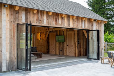 Timber Frame Pool House: The Barn Yard & Great Country Garages Pool Barn House, Accordion Glass Doors, Barn Pool House, Timber Frame Garage, Nana Wall, Barn Pool, Pool House Shed, Modern Pool House, Timber Frame Design