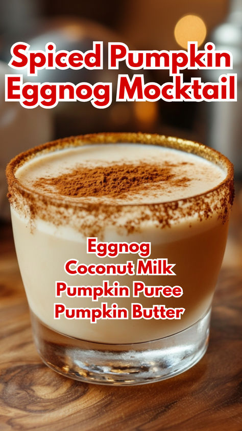 Spiced Pumpkin Eggnog Mocktail Eggnog Mocktail Recipe, Pumpkin Mocktails, Thanksgiving Drinks Non Alcoholic, Fall Party Drinks, Pumpkin Eggnog, Coconut Cocktails, Smoothie Party, Cocktail Cards, Eggnog Drinks