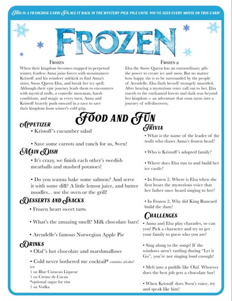 Frozen Themed Dinner Food, Frozen Movie Dinner Ideas, Frozen Themed Food Dinners, Dinner And A Movie Date Night, Frozen Movie Night Food, Christmas Movie Night Menu Ideas, Christmas Movie Recipes, Christmas Dinner And Movie Night, Frozen Themed Dinner