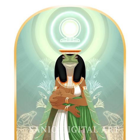 Ancient Egyptian goddess with the head of a frog, dressed in a green outfit and wearing a big black wig. She is breastfeeding a child and behind here there are symbolic frogs and lotus flowers. Heqet Egyptian Goddess, Kemetic Paganism, Desert Dnd, Gods Mythology, Egypt Goddess, Kawaii Witch, Goddess Of Fertility, Fertility Goddess, Ancient Egyptian Deities