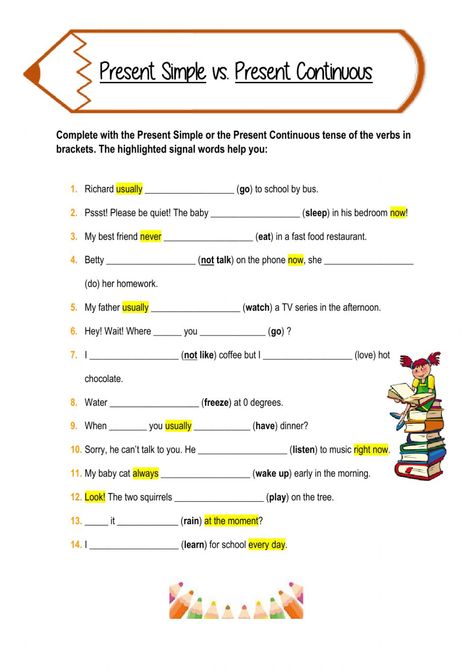 Present Simple vs. Present Continuous - Interactive worksheet Present And Present Continuous Worksheet, Tenses Worksheet Grade 4, Present Simple Vs Continuous Worksheets, Present Simple And Continuous Worksheet, Simple Present And Present Continuous, Present Simple Vs Present Continuous, Present Simple Present Continuous, Present Continuous Worksheet, Past Continuous