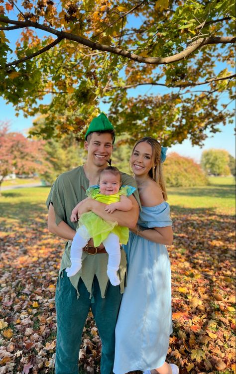 Tinker Bell Family Halloween, Cute Family Of Three Halloween Costumes, Aunt And Nephew Halloween Costumes, Family Of Three Halloween Costumes Baby Girl, Tinkerbell Wendy And Peter Pan Costume, Family Costumes With Newborn, Peterpan Halloween Family, Tinker Bell Family Costume, Tinkerbell Family Costume