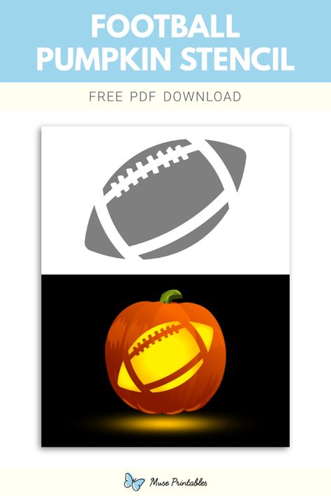 Free printable football stencil for pumpkin carving. Download it at https://museprintables.com/download/pumpkin-stencil/football/ Nfl Pumpkin Carving Stencils, Football Carving Pumpkin, Sport Pumpkin Carving Ideas, Football Carved Pumpkin, Football Pumpkin Stencil, Football Pumpkin Carving Ideas, Sports Pumpkin Carving Ideas, Pumpkin Carving Ideas Football, Football Stencil Templates