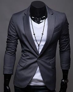 I know this is a man's pin, but I have to remember to try a white v-neck American Apparel tee under my gray blazer! Dog tag necklaces, rolled sleeves, skinnies and ankle boots. Expensive Suits, Mens Fasion, Mens Blazer, Mens Apparel, Baby Blue Dresses, Mens Blazer Jacket, Stylish Men Casual, Men Store, Men's Casual Style