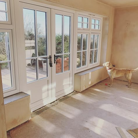 @carton_cottage on Instagram: “Yay the hole in the side of my house has now been filled 👏 Goodbye ply board and HELLO @residencecollection R9 windows and french doors…” Living Room Extension, External French Doors, Ply Board, Extension Inspiration, Sunset House, Ideas Para La Casa, Casement Windows, Kitchen Extension, Back Door