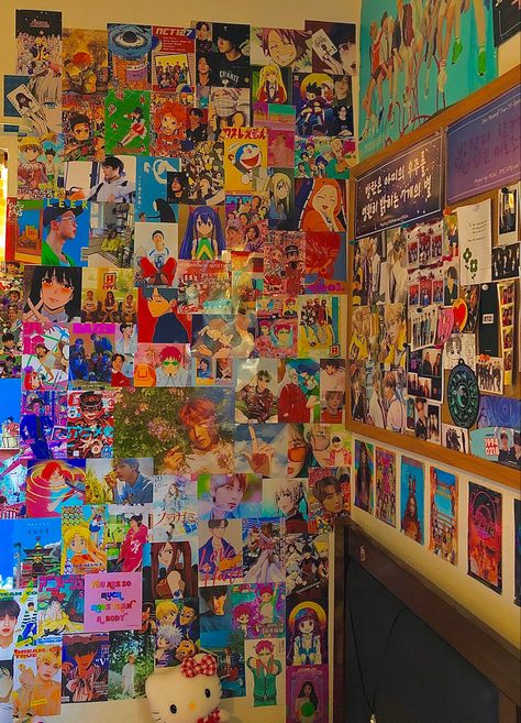 kpop and anime vintage indie wall collage Wallpaper Room Decor, Indie Bedroom, Anime Wall Prints !!, Otaku Room, Neon Room, Anak Manja, Retro Room, Anime Wall, Indie Room Decor