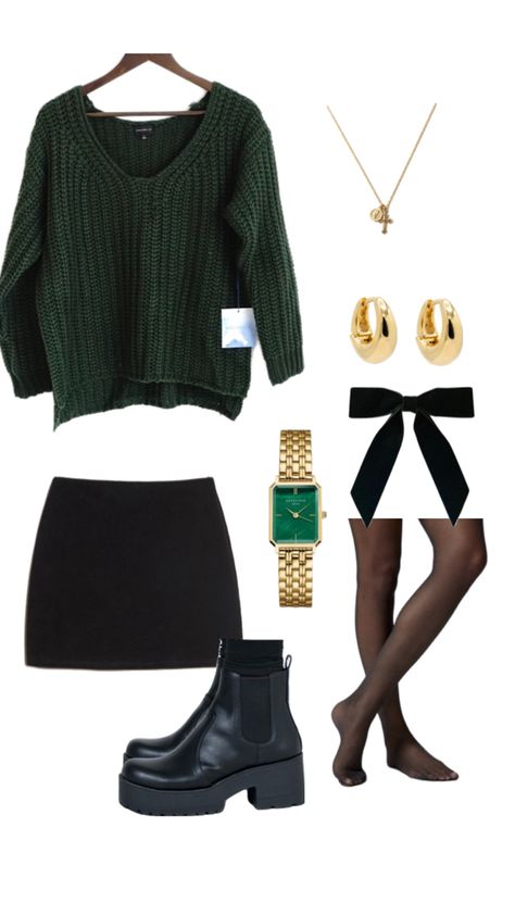 Outfit Ideas Slytherin, Dark Green Christmas Outfit, Dark Green Aesthetic Outfit, Slytherin Party Outfit, Modern Slytherin Outfit, Dark Green Outfit Ideas, Dark Green Outfits, Slytherin Aesthetic Outfit, Green Mini Skirt Outfit