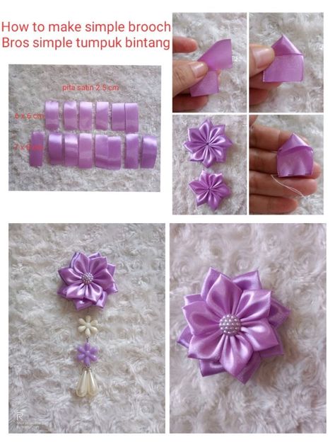 Satin Ribbon Flowers Diy Simple, Pita Satin, Diy Tips And Tricks, Sulaman Pita, Ribbon Flowers Diy, Kanzashi Tutorial, Jewels Diy, Diy Ribbon Flowers, Plastic Bottle Flowers