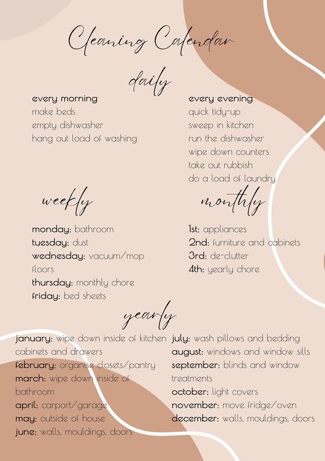 Create a cleaning schedule that works for you and your lifestyle. This customizable template can be adjusted to fit your needs, so you can keep your home clean without feeling overwhelmed.

Download the free template: Cleaning Schedule Apartment, Yearly Cleaning Schedule, Daily Weekly Monthly Cleaning Schedule, Uni Prep, Weekly Cleaning Plan, Cleaning Lists, Household Cleaning Schedule, Best Weekly Planner, Cleaning Calendar