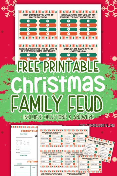 Make your Christmas party unforgettable with this free printable Family Feud game! With 54 Christmas-themed questions and answers, fast money round cards, and a scorecard, it’s the perfect game for families, friends, and office groups. Fun and easy to play, this game will bring plenty of holiday cheer. Download your free printable game today and get ready for some festive competition! Family Feud Game Diy, Family Feud Name Tags Template, Christmas Jeopardy Questions Free Printable, Christmas Feud Game, Holiday Family Game Ideas, Best Card Games For Families, Christmas Newlywed Game Questions, Family Feud At Home, Printable Family Games