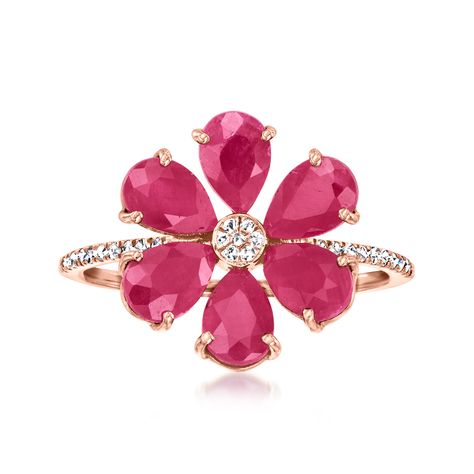 Ross-Simons - 4.00ct t. w. Ruby, .10ct t. w. Diamond Flower Ring in Gold. Size 7. A delightful style that beams bright hues, this exceptional flower ring features 4.00 ct. t. w. pear-shaped rubies accentuated by shimmering .10 ct. t. w. round brilliant-cut diamonds. Crafted in 14kt rose gold. 1/2" wide. Diamond and ruby flower ring. Ruby birthstones are the perfect gift for July birthdays. Ruby Flower, Diamond Flower Ring, Ruby Birthstone, Ring Ruby, Florist Shop, Diamond Flower, Rose Gold Jewelry, Ruby Ring, Flower Ring