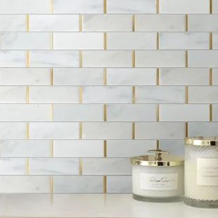 White Supreme, Gold Tile, White Wall Tiles, Mosaic Tile Backsplash, White Backsplash, Marble Mosaic Tiles, Mosaic Wall Tiles, Accent Tile, Brick Patterns