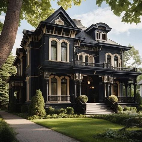 Black Colonial House, Black Victorian House, Gothic Victorian House, Gothic Fairytale, Gothic Homes, Savannah Style, Victorian Homes Exterior, Modern Facade, Old Victorian Homes