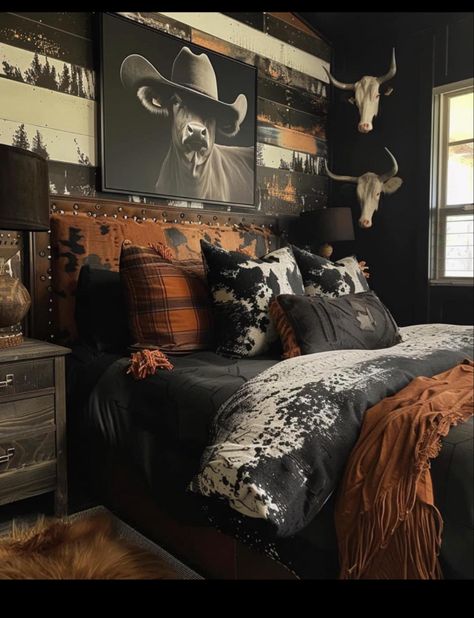 Emerald Green Western Bedroom, Black And Brown Western Bedroom, Western Bedroom Curtain Ideas, Black Wall Western Bedroom, Western Home Interior Design, Western Bedroom Furniture Ideas, Chaotic Bedroom Aesthetic, Diy Western Bedroom, Country Boy Room Ideas