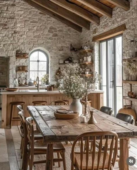 Modern Rustic Decor, Italian Home, Rustic Stone, Farmhouse Dining Table, Rustic Living, June 22, Farmhouse Dining, Wood Chair, Rustic Kitchen