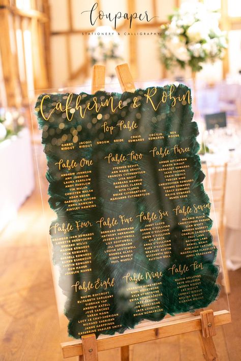 Gorgeous wedding table plan, perfect for winter weddings. This table plan uses gold metallic vinyl applied to acrylic, backed with a painted background in beautiful emerald green. Photo by Anneli Marinovich Photography Green Brown Wedding, Simple Wedding Table, Green Fall Weddings, Emerald Green Wedding Theme, Green Wedding Decorations, Green Gold Weddings, Dark Green Wedding, Wedding Seating Plan, Fall Wedding Tables