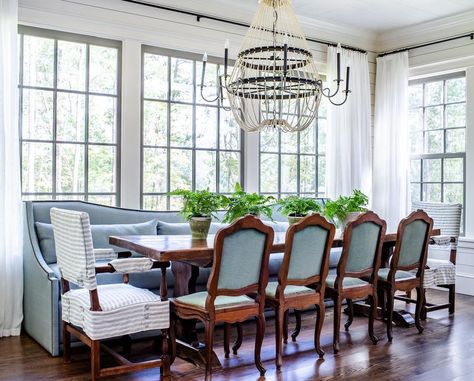 Ashley Gilbreath, Georgia Homes, Southern Homes, White Exterior, Atlanta Homes, Large Dining Room, Dining Room Lighting, Formal Dining Room, Banquette