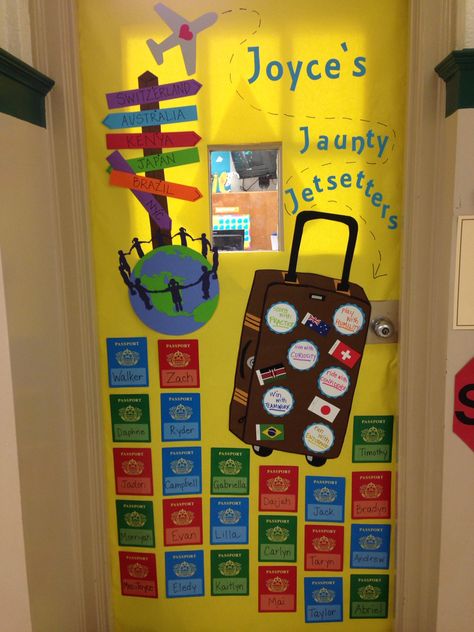 Boostersthon big world recess, door Decor, globe, suitcase, passports Around The World Door Decorations, Five Senses Board, November Bulletin Boards For Preschool, School Themes For The Year, Travel Classroom Decor, Bulletin Boards For Preschool, Door Decorations Fall, Teacher Appreciation Week Door, Travel Classroom