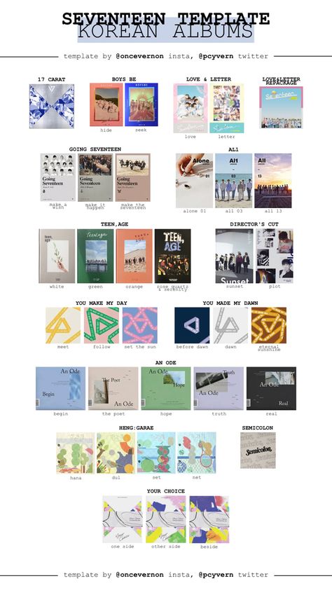 Credits: @oncevernon on insta updated 2021 up to Your Choice album Album Covers Template, Sun Dawn, Hidden Letters, Album Template, Pledis Seventeen, Photo Card Template, Pop Albums, Going Seventeen, Hidden Love