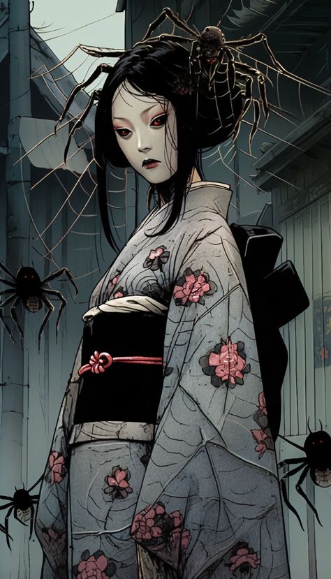 Japanese Brothel Art, Jorogumo Art, Shrine Maiden Art, Face Markings Character Design, Yokai Woman, Japanese Urban Legends, Japanese Goddess, Japanese Myth, Geisha Art