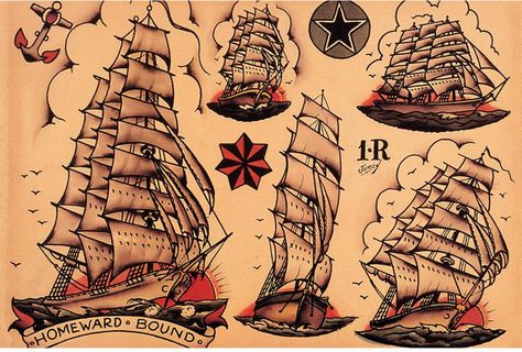 Traditional Nautical Tattoo, Sailor Jerry Flash, Sailor Jerry Tattoo Flash, Boat Tattoo, Sailor Tattoos, Sailor Jerry Tattoos, Tattoo Old School, Nautical Tattoo, Ship Tattoo