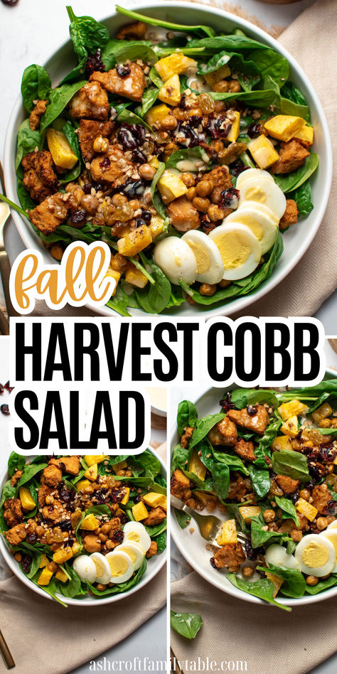 Collage of photos of salad with text that reads "fall harvest cobb salad" Fall Cobb Salad, Harvest Salad Recipes Fall, Roasted Chickpea Fall Salad, Healthy Cobb Salad, Fall Harvest Cobb Salad, Fall Harvest Salad With Butternut Squash And Apple, Fall Salad Recipes, Healthy Cobb Salad Dressing, Eat The Gains Fall Harvest Salad