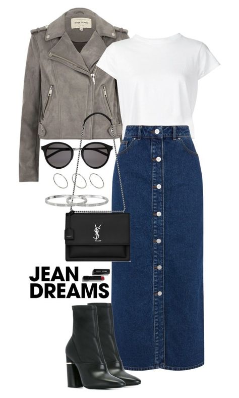 "DENIM SKIRTS" by dayanakriv ❤ liked on Polyvore featuring River Island, RE/DONE, Yves Saint Laurent, ASOS, Cartier, 3.1 Phillip Lim, Bobbi Brown Cosmetics and denimskirts Innovative Dress, Denim Dress Style, Pentecostal Fashion, Denim Fashion Women, Womens Denim Dress, Trendy Denim, Effortlessly Chic Outfits, Dress Denim, Stylish Jeans