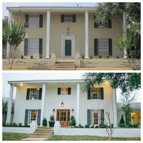 “On Last week's #fixerupper we brought this classic beauty back to life. Watch an all new episode tonight at 8pm CST @hgtv” Colonial House Exterior With Columns, Updated Colonial Exterior, Colonial House Exterior Makeover, Modern Colonial Exterior, Fixer Upper Exterior, Brick Colonial House, House Columns, Colonial House Exteriors, Dallas House