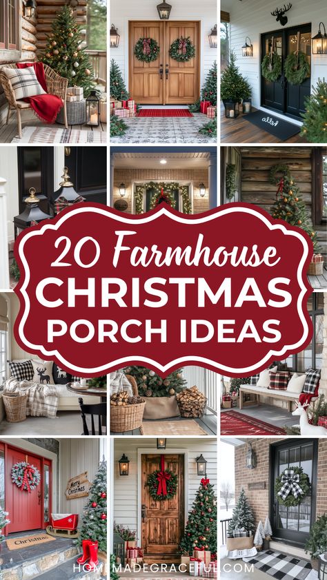 farmhouse christmas porch ideas Log Cabin Front Porch Christmas Decor, Country Christmas Porch Ideas, Farmhouse Christmas Front Porch Ideas, Farmhouse Christmas Porch Decor Ideas, Country Christmas Porch Decorating Ideas, Farmhouse Porch Christmas Decor, Porch Bench Christmas Decor, Porch Xmas Decorations, Small Porch Christmas Decor Ideas