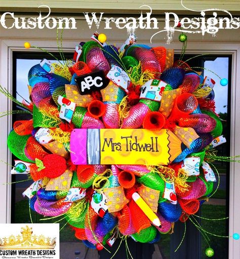 Front Door Double, Classroom Wreath, Crayon Wreath, School Wreaths, Teacher Wreaths, Lemonade Sign, Teacher Door, Valentine's Day Wreath, Love Decor