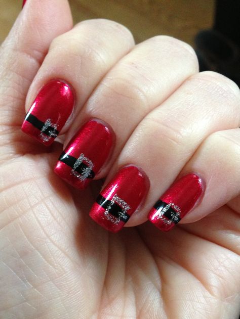 Santa Belt Nails, Belt Nails, Christmas Nails Santa, Santa Hat Nails, Santa Nail Art, Xmas Nail Designs, Xmas Nail, Santa Belt, Santa Nails