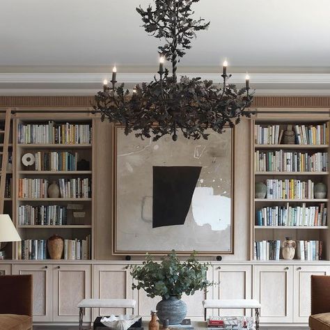 A L B I O N N O R D on Instagram: "• s l i d e r i g h t • The Library designed by @albionnord at Whistler Square, Chelsea Barracks. The bespoke joinery features a central artwork by @williammclure which slides across the joinery to reveal a TV behind it. Layered with wonderful books, natural materials, art and antiques, this has to be one of our favourite rooms. 📚 Check out our website for more details, link in bio Interior Design @albionnord Site @chelseabarracks Photography @brothertonlo Natural Materials Art, Chelsea Barracks, Modern Manor, Tree Chandelier, Bespoke Joinery, Ottoman Fabric, Family Room Walls, Modern Farmhouse Living Room, Manor Houses