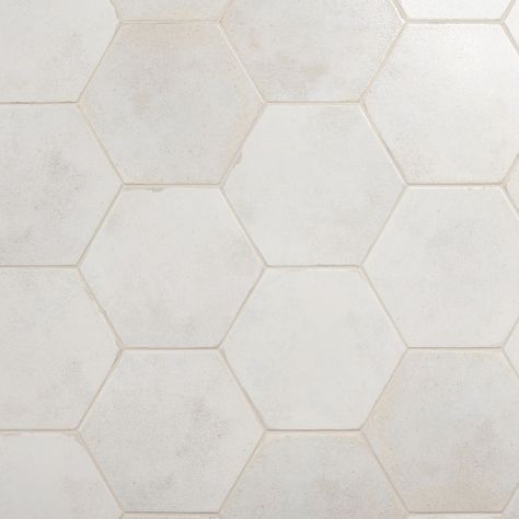 Porcelain Tile Floor Bathroom, White Hexagon Tile Floor, Neutral Guest Bathroom, Hexagon Bathroom Tile, Blue Bathrooms, Mountain House Decor, White Hexagon Tiles, Bathroom Downstairs, Cream Tile