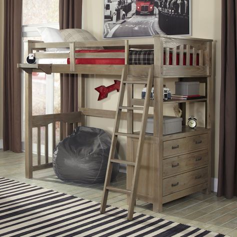 Highlands Twin Loft Bed - Save space in style with the Highlands Twin Loft Bed. This handsome loft bed is handcrafted of solid pine with a nine-step finishing process in your c... Loft Bed Desk, Adult Loft Bed, Lofted Bed, Display Visual Merchandising, A Loft Bed, Loft Bed With Desk, Modern Bunk Beds, Bunk Bed With Desk, Bed With Desk