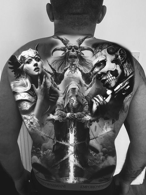 Full Back Tattoo For Men Design, Back Sleeve Tattoo, Black And Grey Back Tattoo, Male Full Back Tattoo, Black And Grey Full Back Tattoos, Full Back Tattoo For Men Ideas, Whole Back Tattoo, Men’s Full Back Tattoo Ideas, Creepy Back Piece Tattoo