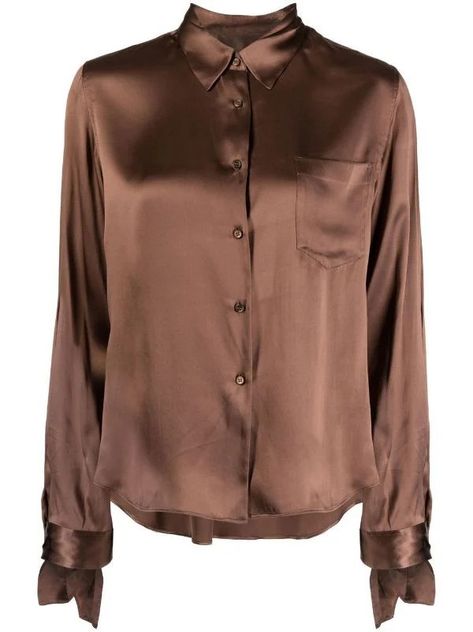 Fashion Guide, Brown Shirt, Silk Shirt, Mulberry Silk, Chocolate Brown, Patch Pocket, Style Guides, Top Shirt, Long Sleeves