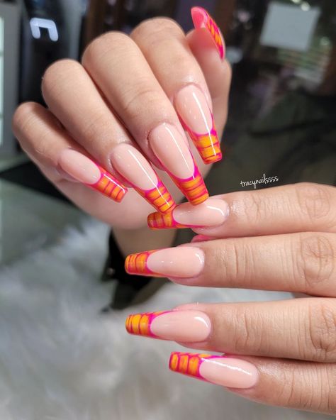 Orange Crocodile Nails, Orange Croc Nails, Pink Crocodile Nails, Orange Pink Nails, Pink Orange Nails, Orange And Pink Nails, Gel X Extensions, 23 Nails, Pink And Orange Nails